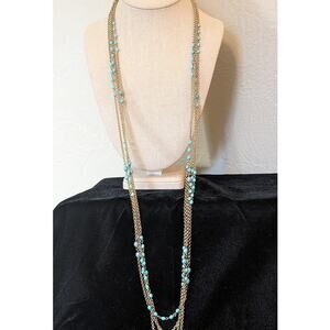 Multi-Strand Gold Tone Chain with Blue Bead Necklace with Braided Cord Closure